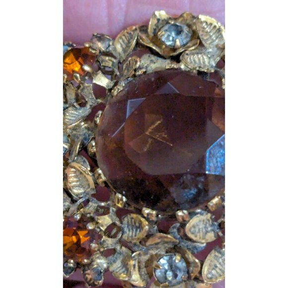 Vintage Brooch Smoky Glass Center & Rhinestones Floral Design 2" Austria - Picture 3 of 8